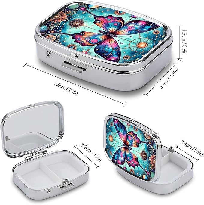 Metal 2 Compartment Pill Organizer Travel Friendly Portable Compact Pill Box Cute Pill Case,for Pocket Wallets Daily Portable Medicine Vitamin Tablet Storage (Butterfly)