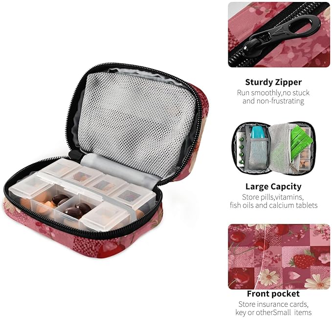 Red Checkered Floral Cherry Strawberry Travel Pill Organizer Case Box Container Weekly Portable Vitamin Medicine Holder Storage Bag with Zipper Removable