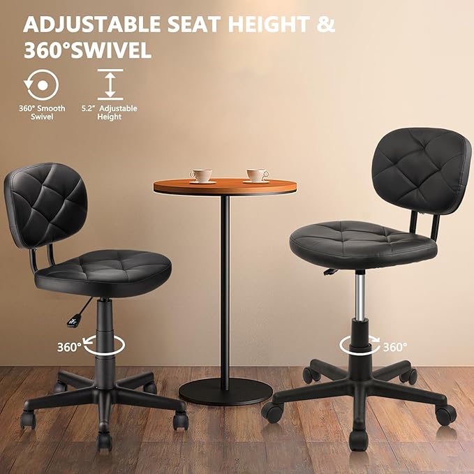 Leather Rolling Stools with Back Support and Wheels Adjustable Height Leather Swivel Salon Stool Chair for Office Massage Facial Medical Drafting Beauty Barber Lab Doctor Tattoo, Black