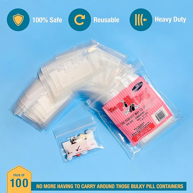 | Medicine Pill Organizer with Labels for AM/PM | Resealable Disposable Pill Pouches for Medicine, Vitamins, Gummies | Plastic Pill Bags for Travel | Standard Size | 100 Count