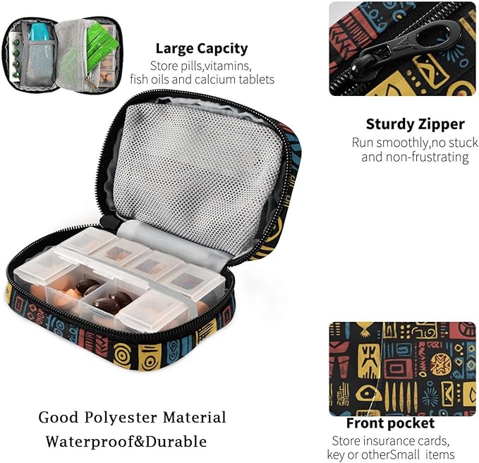 Fustylead African Tribal Ethnic Style Symbols Ornaments Travel Pill Case Bag with Zipper Weekly Pill Box 8 Compartments 7 Day Personal Pill Case Purse Medicine Case Organizer