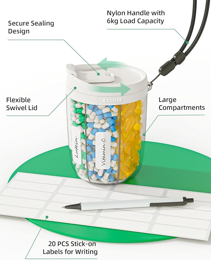 PULIV Large Supplement Organizer Bottle, Holds Plenty of 6 Various Vitamins in 1 Pill Dispenser with Anti-Mixing & Wide Openings Design, Easy to Retrieve Meds, Includes 20 Pcs Stick-on Labels White