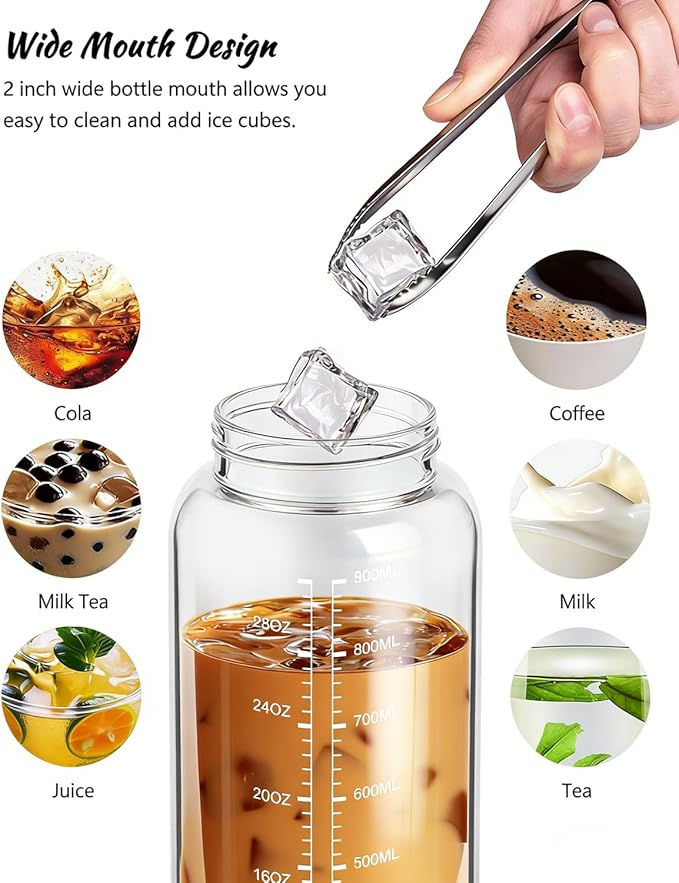 Nefeeko 32 oz Glass Water Bottles with Straw, Time Marker, Motivational 1 Liter BPA FREE Leakproof Reusable Glass Water Bottle with Silicone Sleeve, Bamboo, Spout Lid