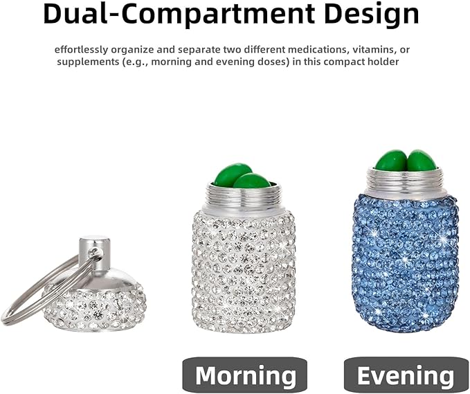 Dual-Compartment Small Pill Holder Keychain Bling Pill Container with Key Chain Travel Pill Organizer Medicine Box for Women (White+Blue)