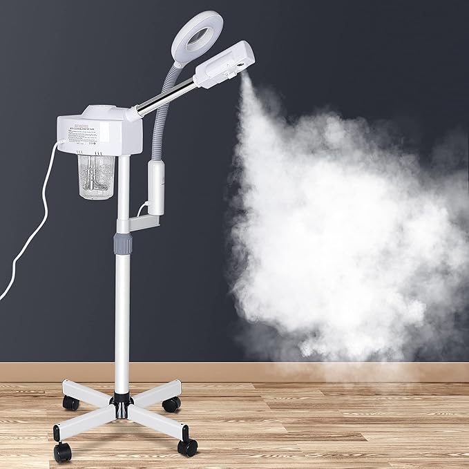 2 in 1 Facial Steamer Professional Nano Ionic Face Deep Cleansing Hydration with 5X Magnifying LED Lamp & Rolling Wheels, High Frequency, Portable Home Spa Salon Beauty Skin Care Equipment