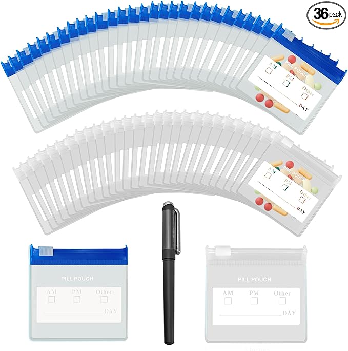 36 Packs Color Pill Pouch Bags 12mil 3 x 2.75 Inch bpa-Free, Frosted Clear EVA Materials, Heavy-Duty Thick Plastic Bags for Travel Medicine Organizer, Jewelry, Small Craft Pieces-Clear+Blue