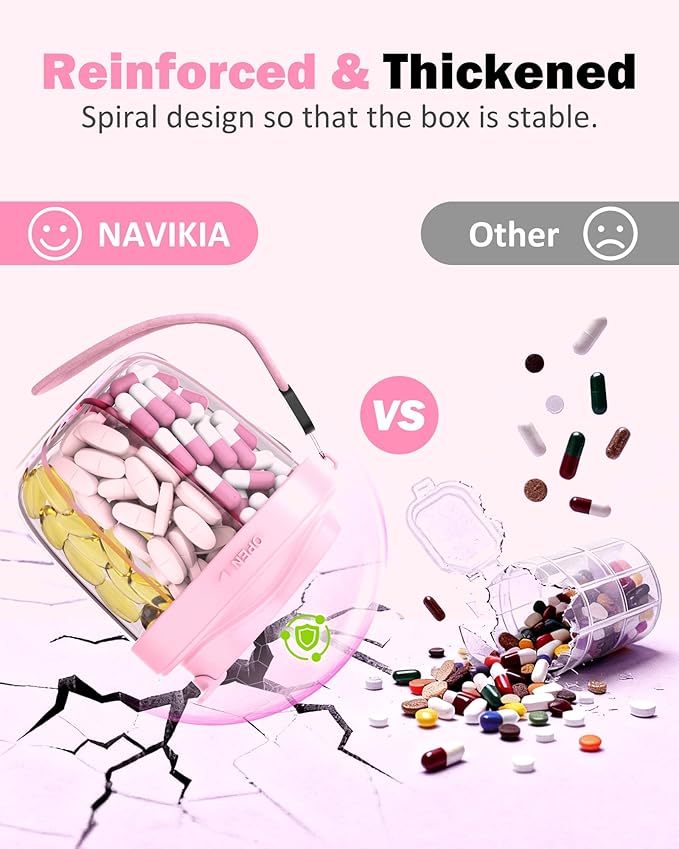 Pill Organizer,Pill Dispenser with 7 Large Compartments,Portable Pill Bottle Box with Wide Opening for Easy Use, Anti-Mix Pills Organizer for Travel,Includes 20 Pcs Sticky Labels-（Black & Pink）