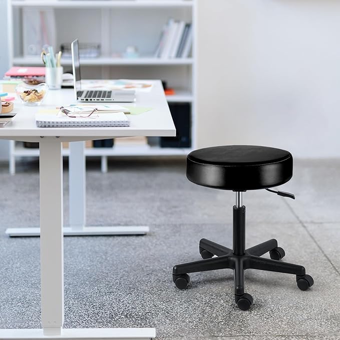 JMU Rolling Stool with Wheels, PVC Leather Large Seat Stool, 400lbs Weight Capacity, Heavy Duty Adjustable Height for Medical Tattoo Office Lab Dentists Healthcare (Black)