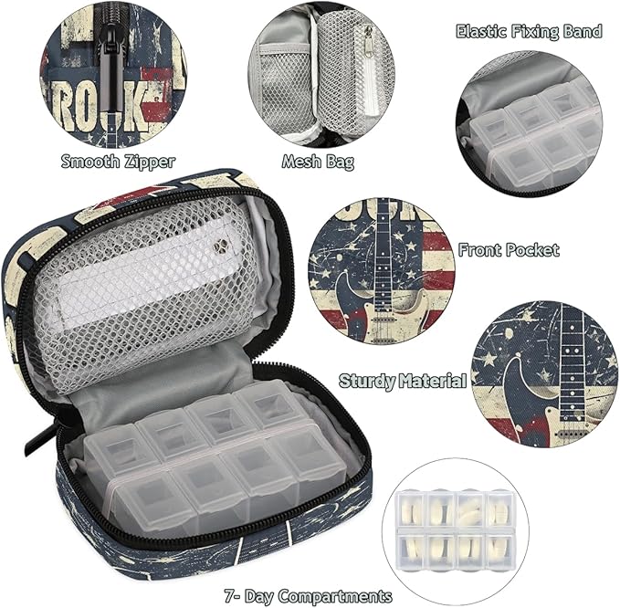 American Flag Guitar Music Travel Pill Organizer Box Weekly Portable Pill Case Daily Pills 7 Day Small Birth Control Pills Container Removable Compartments for Medicine Vitamins Fish Oil