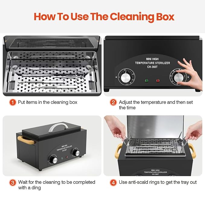High Temperature Metal Tool Cleaner Machine, 2L Dry Heat Cleaning Box with Temperature & Time Setting, Cleaning Cabinet with Handle, for Beauty Salon, Barber Shop, Lab, Dental, Home, Restaurant, Black