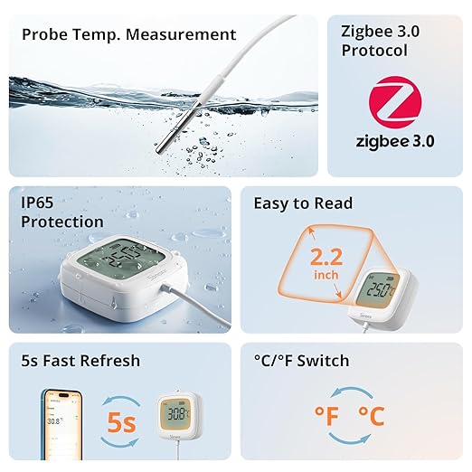 SONOFF SNZB-02LD Zigbee Waterproof Temperature Sensor with 1.5M Stainless Steel Probe, LCD Display, -40~115°C Range, APP Monitoring, Magnetic Mount, Works with Zigbee Hub