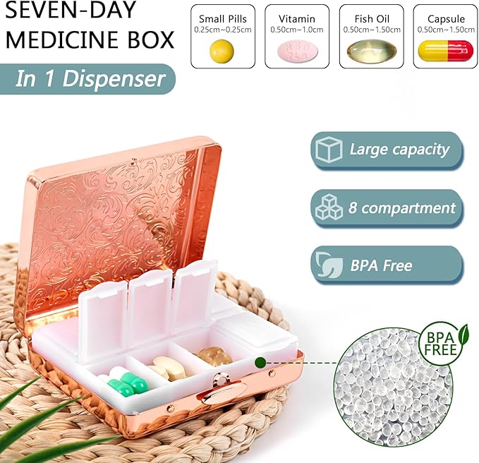 Pill Organizer 7 Days 8 Compartments, Travel Metal Pill Box, BPA-Free Portable Pill Box (Pink, Median)