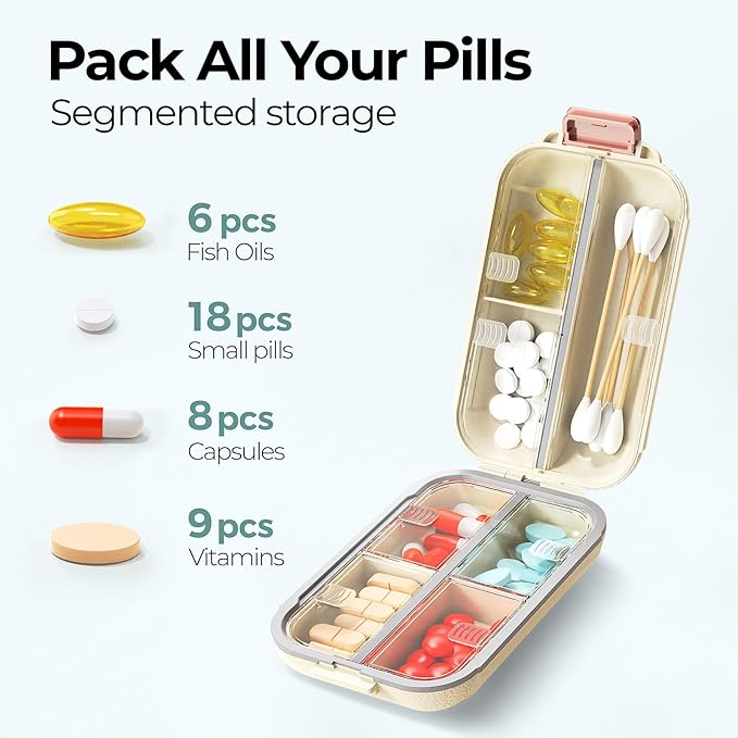 7 Compartments Travel Pill Organizer, Foldable Portable Airtight Daily Pill Box, Compact Pill Case for Purse & Pocket, BPA-Free Medicine Organizer for Vitamins Fish Oil Supplements (White)