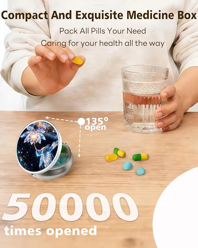 LRITER Pill Case, Portable Travel Pill Box, Pillbox Organizer, Cute Small Medicine Storage Container, Purse Accessories for Women, Men (Lotus Bird)