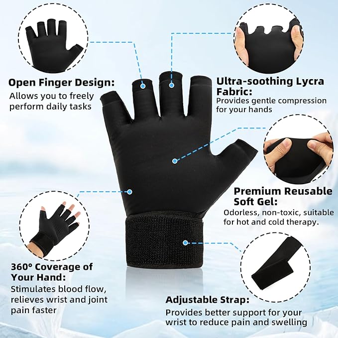 2pcs Finger Arthritis Compression Hand Ice Pack Gloves for Pain Relief, Adjustable Wrist Ice Pack for Hot & Cold Therapies, Reusable Finger Ice Gloves Sleeve for Tendinitis, Carpal Tunnel
