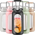 BLUEGO 64oz Water Bottle Glass with Stainless Steel Handle Large Water Bottle with Time Markers and Silicone Sleeve Half Gallon Water Jug BPA Free for Gym Daily Use, Black