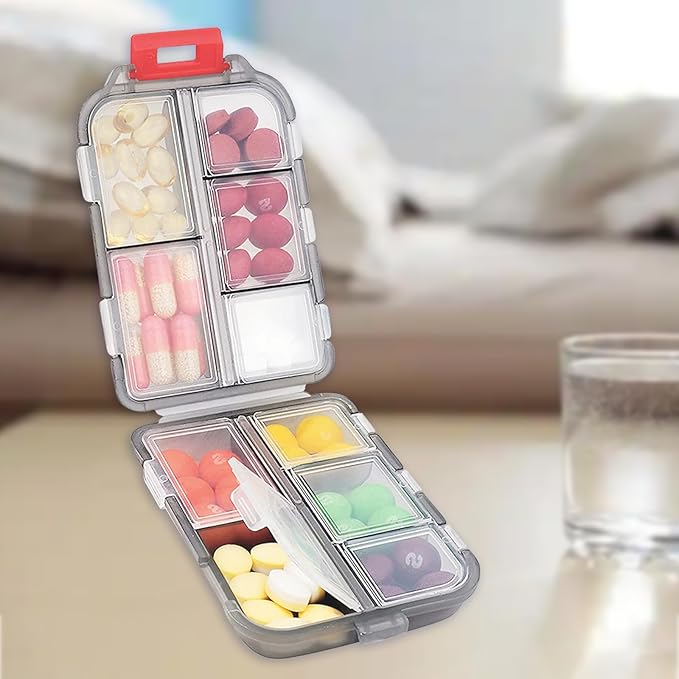 Travel Pill Organizer Portable Pocket Pill Case Small Pill Box for Purse Medicine Organizer Have 10 Compartments Storage Vitamin Fish Oil by INVODA (Gray)