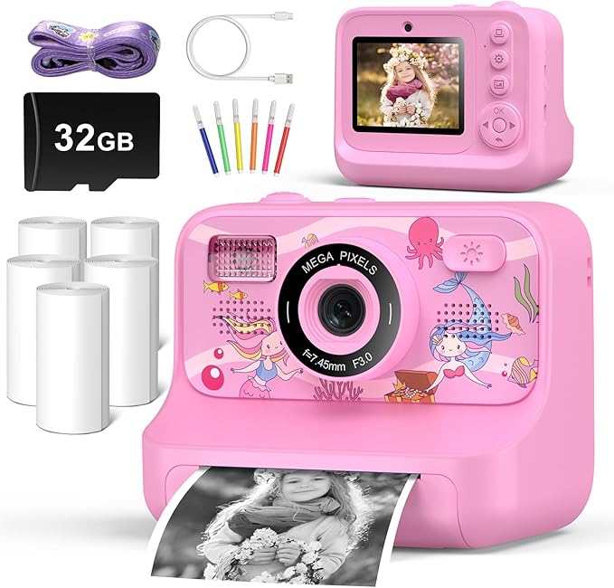 Instant Print Camera for Kids Age 3-12 Girls Boys 1080P HD Digital Video Cameras with 5 Print Paper & 32G Card Toddler Portable Travel Toys Camera for Christmas Birthday Gifts