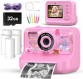 Instant Print Camera for Kids Age 3-12 Girls Boys 1080P HD Digital Video Cameras with 5 Print Paper & 32G Card Toddler Portable Travel Toys Camera for Christmas Birthday Gifts