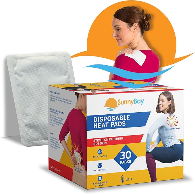 SunnyBay Adhesive Heat Patches for Neck, Knee, and Upper or Lower Back, Air-Activated Heat Pads for Menstrual Cramps, Stiffness, Sprains, and More, Stick to Clothing, 5x3 inches, 30 Count