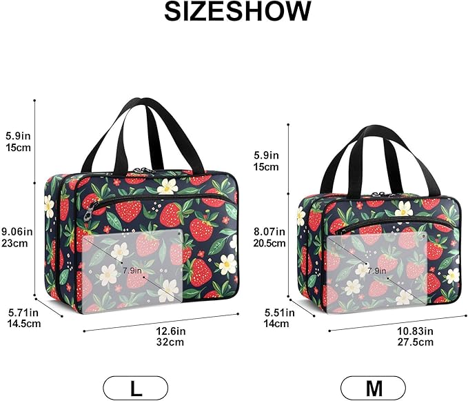 Fustylead Hand Draw Red Strawberry and Beautiful Floral Travel Pill Bottle Organizer Large Home Storage Medication Bag with Zipper for Vitamins, First Aid, Fish Oil, Medical Supplies