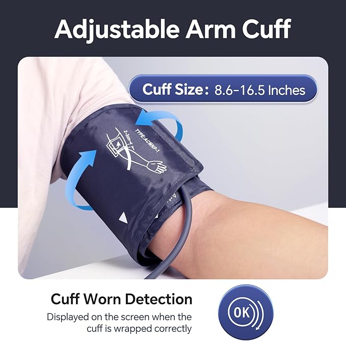 Sinocare Blood Pressure Monitor, Upper Arm BP Machine for Home, Adjustable Cuff 8.6"-16.5", One-Button Operation, Dual User Mode, Posture Detection & Irregular Heartbeat Alert, Black