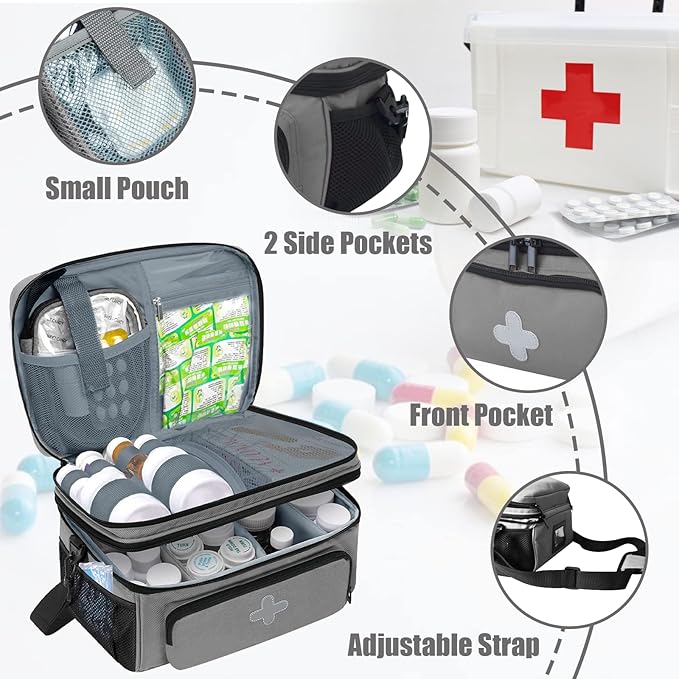 Medicine Storage Bag, Medical Bag Pill Bottle Organizer for Emergency, Medicine Box Empty with Small Portable Pouch, First Aid Box for Travel and Home Storage, Grey