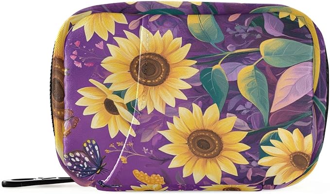Purple Flower Sunflower Pill Organizer Box Case Container Weekly Travel Daily 7 Day Pill Dispenser Sorter Vitamin Holder Medication Medicine Organizer Case for Purse Small Compact Portable Cute