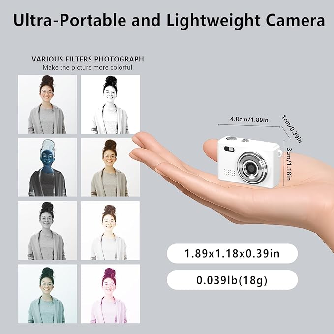 Mini Keychain Camera, FHD 1080p Mini Digital Camera with 32GB SD Card, Flash, 6 Creative Filters, 0.96" HD Display, 100 Mins Battery Life for Travel Recording Birthday Gifts (Modern, White)