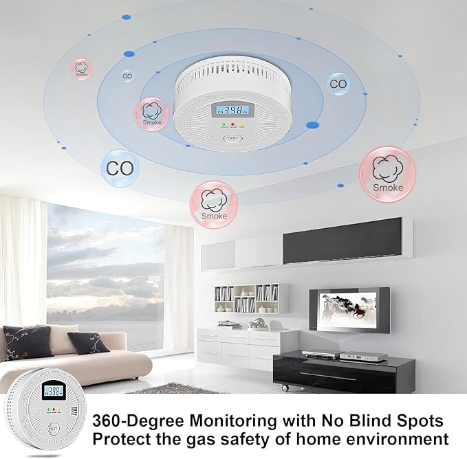 5 Pack Combination Photoelectric Smoke and Carbon Monoxide Alarm Detector with LCD Display; Battery-Operated Smoke Carbon Monoxide Alarm