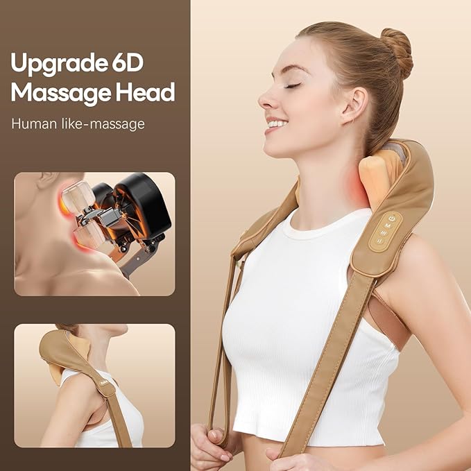 Neck Massager for Pain Relief Deep Tissue with Heat -Cordless Shiatsu 6D Kneading Massage for Neck,Shoulder,Christmas Gifts for Women/Men/Mom/Dad（PU-Yellow Brown）