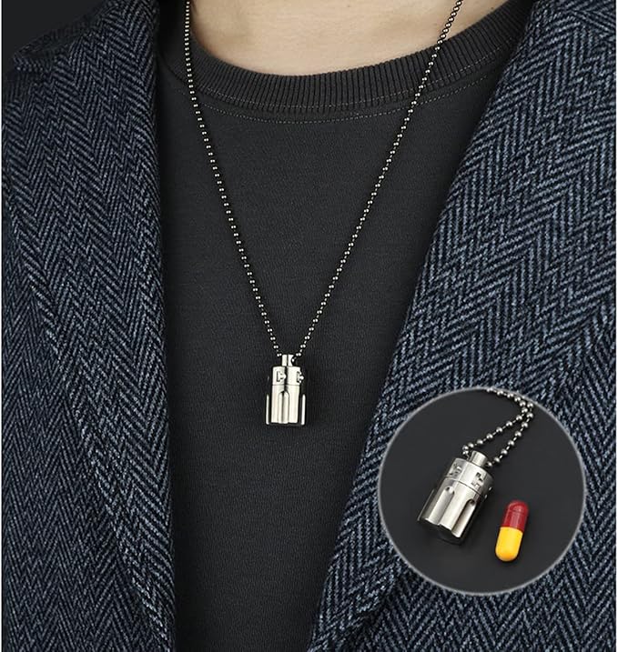 Titanium Pill Fob Necklace, Mini Waterproof Pill Case, Outdoor EDC Pill Bottle, Emergency Aspirin Nitro Holder, Survival Pill Container Capsule for Travel Purse or Pocket