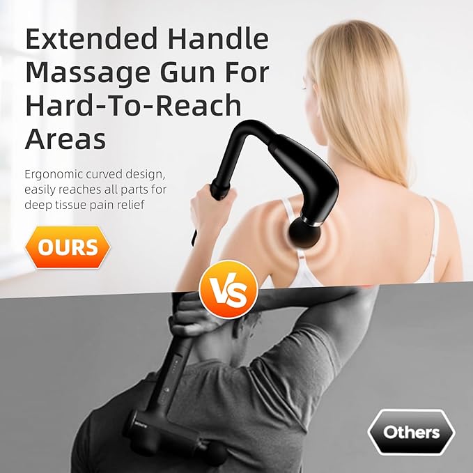 Massage Gun with Upgraded Extension Handle,Back Massage Gun Deep Tissue,Back Massager for Pain Relief for Muscles Neck Shoulders Waist Arm Legs Foot,4 Replaceable Heads & 9 Speeds (Black)