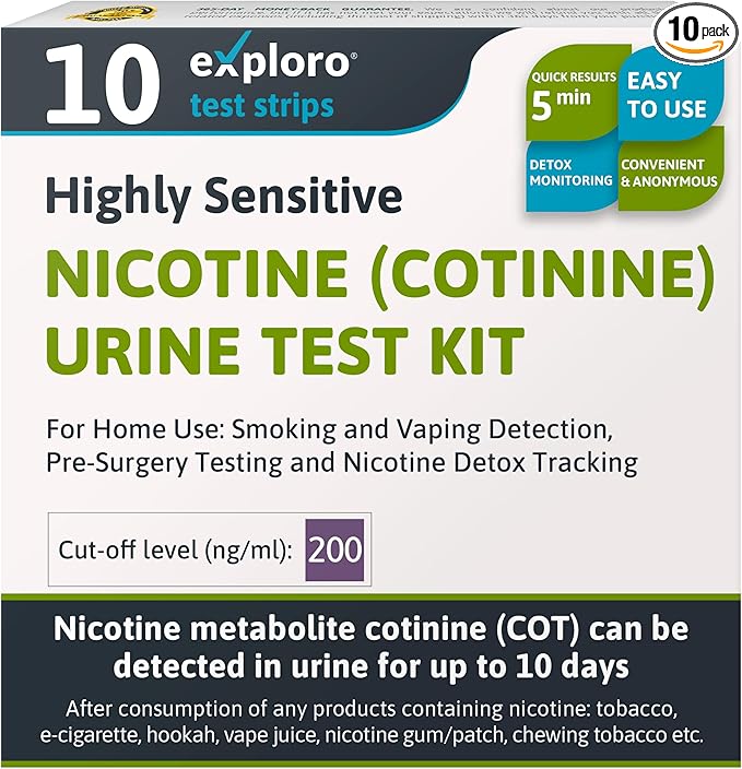 Exploro Nicotine Testing Kit at Home, CLIA Waived Sensitive & Rapid Cotinine Urine Test Strips, Rapid 5-Min Results, Pre-Surgery/Insurance Ready, 200 ng/ml Cut-Off Level (Pack of 10)