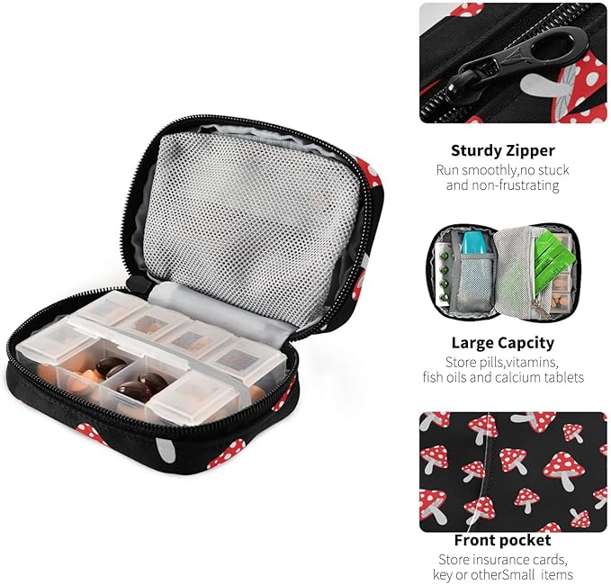 Pill Box Mushroom Cartoon 7 Day Pill Case Travel Pill Organizer Bag with Zipper Portable Weekly Vitamin Medicine Supplement Holder Pouch Bag