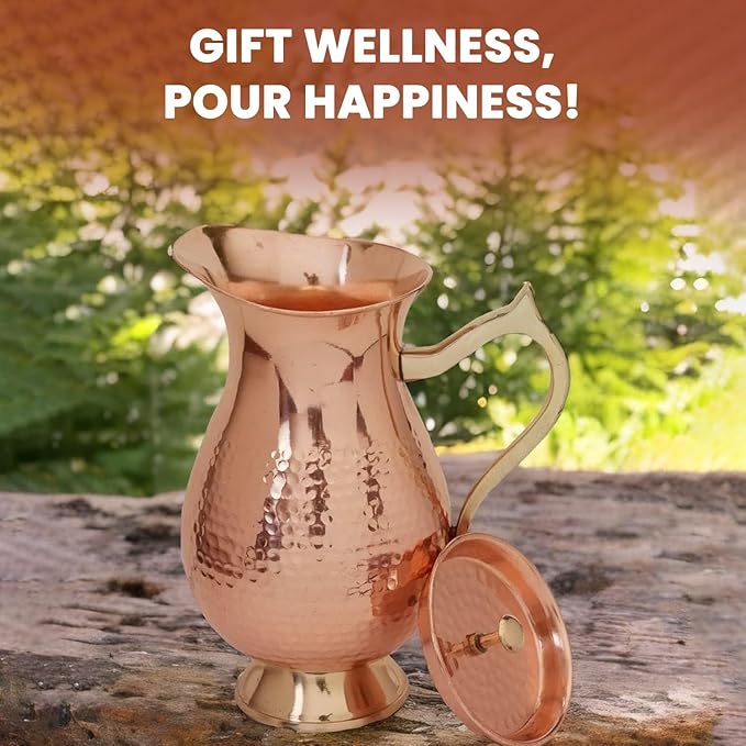 100% Pure Copper Pitcher 50.72 oz 1500 ml, Traditional Mughlai Copper Water Jug with Lid & Handle, Copper Drinking Water Pitcher for Daily Use, Ayurvedic Inspired
