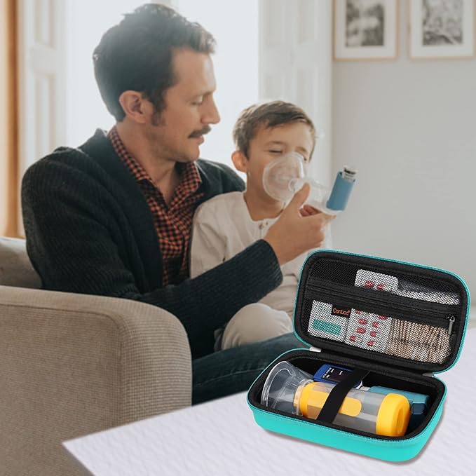 Canboc Travel Carrying Case for Asthma Inhaler, Handheld Spacer for Adults and Kids, Masks, Hard Inhaler Case with Mesh Pocket fit Medicine and Other Essentials, Mint Green (CASE ONLY)