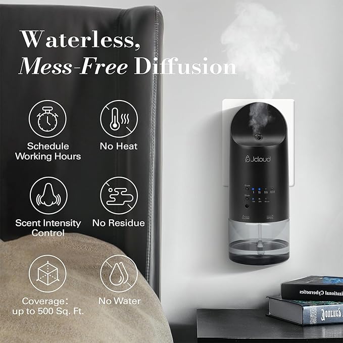 JCLOUD Plug in Diffuser for Essential Oils, Waterless Scent Diffuser Cover Up to 500 Sq. Ft. for Home, Office, Spa - Portable Wall Aromatherapy Device 160ML, Black