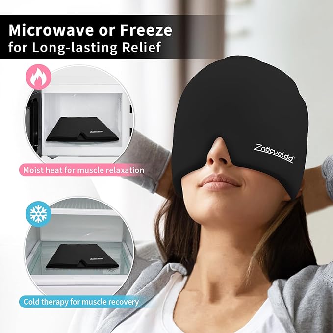 ZNÖCUETÖD Migraine Headache Relief Cap Hat Full Head ice Pack Wrap Cooling Gel Ice Beanie Hot/Cold Compress Hangover Cap for Sinus, Stress, Tension, Head Pain Relief, Gift for Women Men