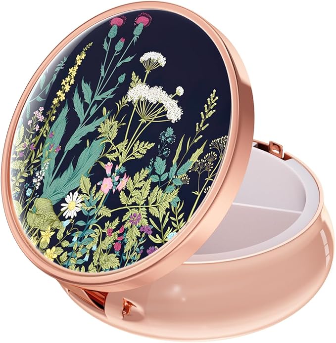 Rouidr Pill Box, 3 Compartment Medicine Pill Case, Small Metal Travel Medicine Box for Purse & Pocket, Rose Gold, Dandelion