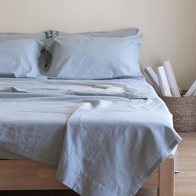 Simple&Opulence Belgian Linen Sheet Set Solid Color - 6 Pieces (1 Flat Sheet & 1 Fitted Sheet & 4 Pillowcases) 16" Deep Pocket Natural Flax Cotton Blended Soft Bedding - Dusty Blue, Queen Size