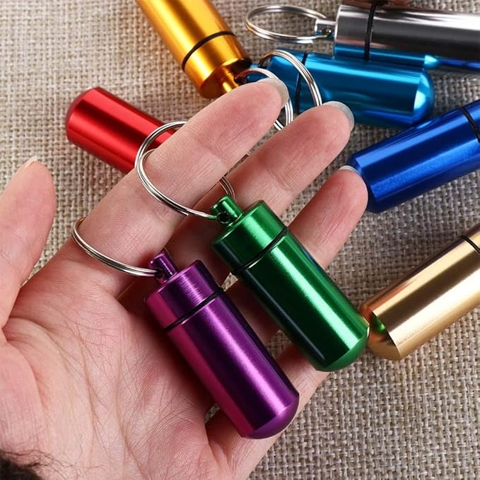 8 Pcs Aluminum Alloy Pill Box Case with Keychain, Mini Travel Pill Organizer Pocket Medicine Jar Waterproof Pill Bottle Container for Outdoor Camping