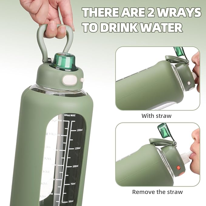 SIEROZUR 42 oz Glass Water Bottle with Straw and Handle Half Gallon Large Water Bottle with Silicone Sleeve and Time Marker Sports Water Jug Wide Mouth for Travel Gym