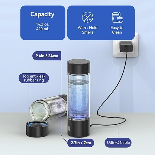 Hydrogen Water Bottle, 2200PPB in 3 Mins Hydrogen Water Generator, SPE PEM Technology, 14oz Portable Hydro Water Machine for Home, Travel, Gym | Best Health Gift for Family & Friends