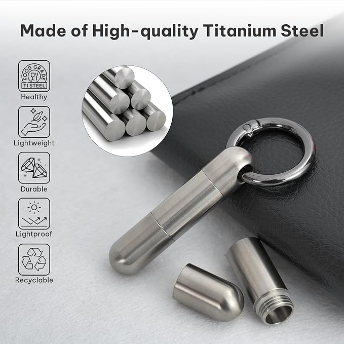 Titanium Keychain Pill Holder,Portable Mini Pill Case, Waterproof Small Pill Container,Mental Pill Box for Travel Purse Pocket (2 Compartment)