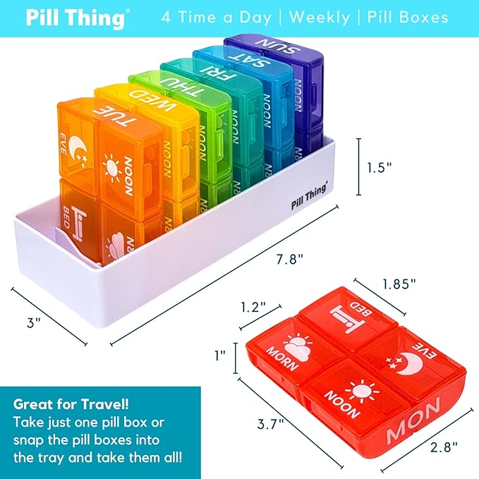 6 Times a Day, 7 Day Large Weekly Pill Organizer with Holder Tray, Vitamin, Medicine Box, Multicolor with Medical Alert Card (4X a Day - 2 Pack)