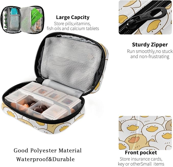 Fustylead Cute Cartoon Duck Travel Pill Organizer Case Zipper for Purse with Removable Weekly Pill Box for Medicine, Vitamin, Supplement Medicine Organizer