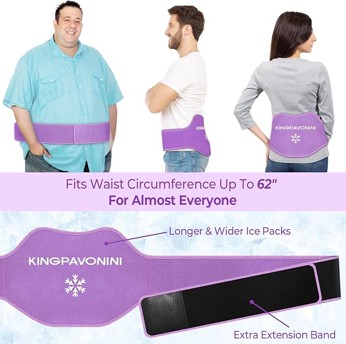 KingPavonini Extra Large Ice Pack for Back Pain Relief with Extension Strap, Reusable Lower Back Gel Ice Wrap for Lumbar Surgery, Sciatica, Herniated Disc, Coccyx Pain, Cold/Hot Therapy, 2 Gel Packs