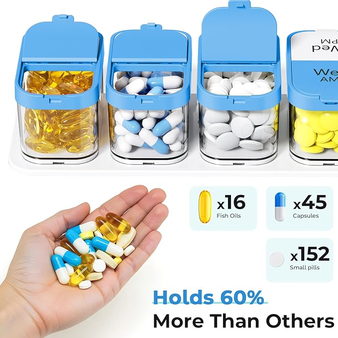 Odaro Extra Large Weekly Pill Organizer 2 Times A Day, XL Pill Box 7 Day Am Pm, Jumbo Medicine Organizer to Hold Daily Medicine Vitamin and Supplements - Blue