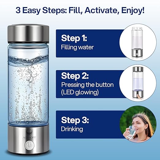 AQUSOFT 14.2 oz/420ml Portable Hydrogen Water Bottle with SPE-PEM Technology Type-C USB Rechargeable Hydrogen Water in 3 Minutes | Borosilicate Glass Hydrogen Water Ionizer Cup | 2-in-1 Usage Modes